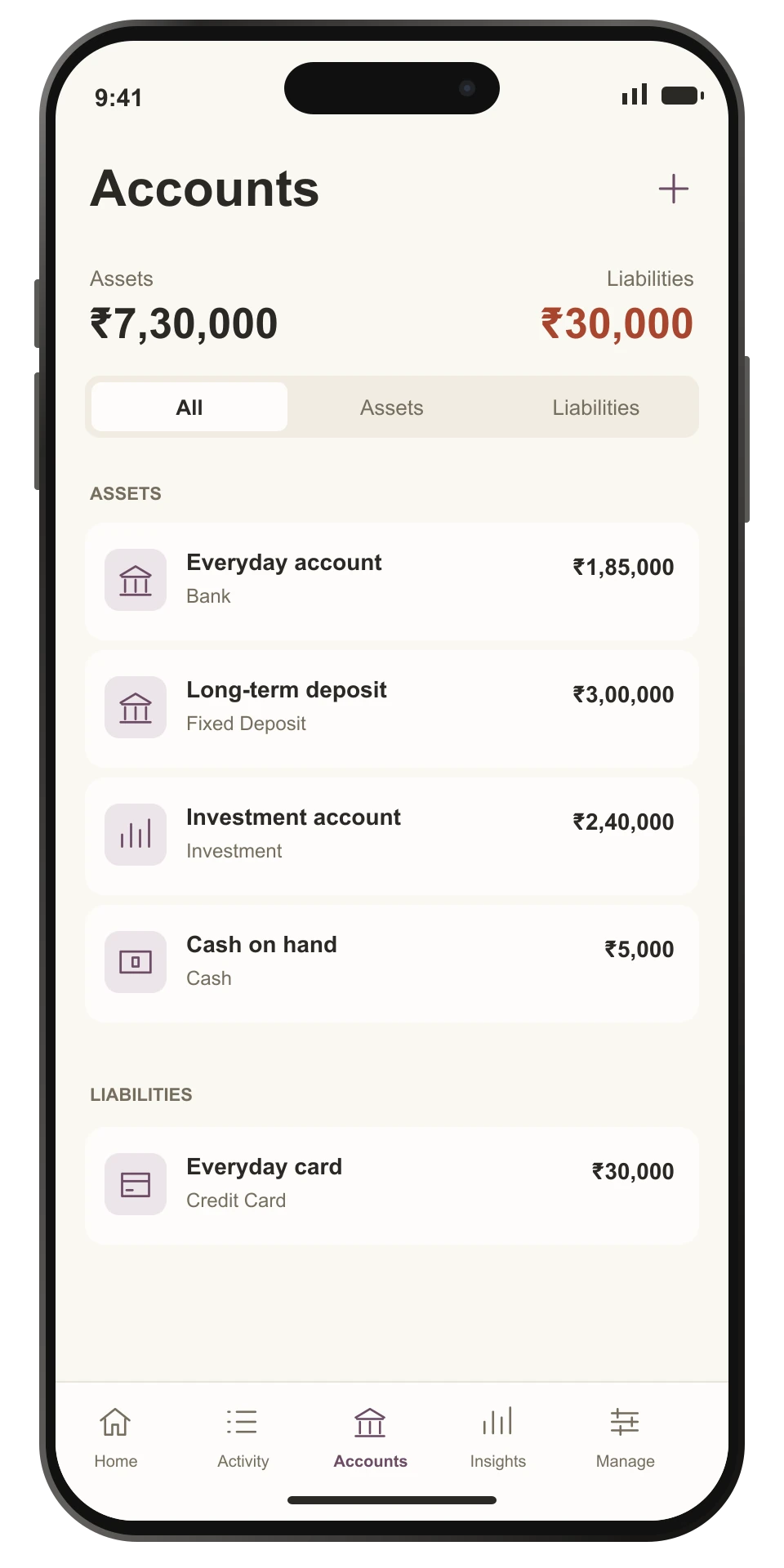 Reconstructed iPhone Accounts with fictional bank, cash, investment, deposit and credit card balances.