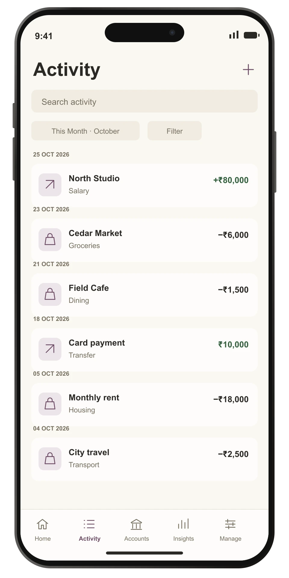 Reconstructed iPhone Activity showing fictional income, expenses and transaction records.
