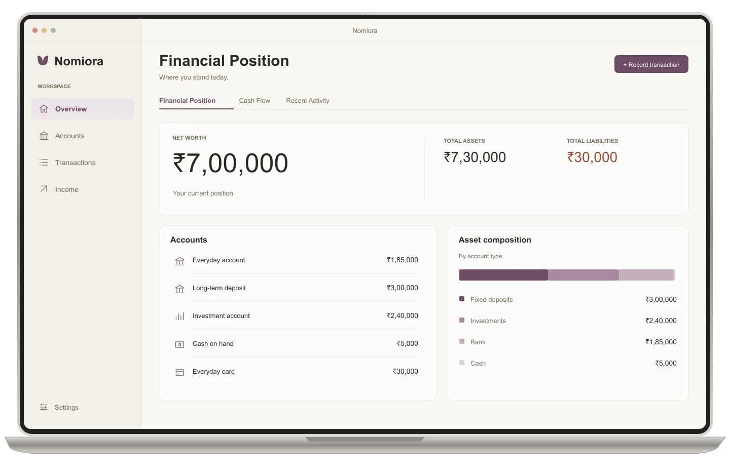 Reconstructed Nomiora Mac financial position with fictional financial data.